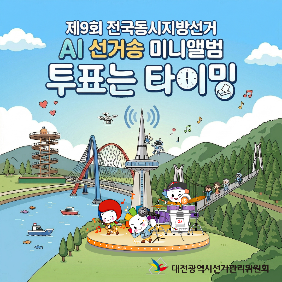 제9회 전국동시지방선거 AI 선거송 미니앨범 '투표는 타이밍' 카드뉴스 제9회 전국동시지방선거 AI 선거송 미니앨범 '투표는 타이밍' 카드뉴스. 자세한 이미지 설명은 아래 내용을 참고하시기 바랍니다.