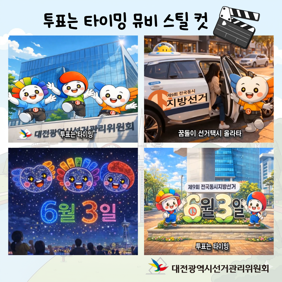 제9회 전국동시지방선거 AI 선거송 미니앨범 '투표는 타이밍' 카드뉴스 제9회 전국동시지방선거 AI 선거송 미니앨범 '투표는 타이밍' 카드뉴스. 자세한 이미지 설명은 아래 내용을 참고하시기 바랍니다.