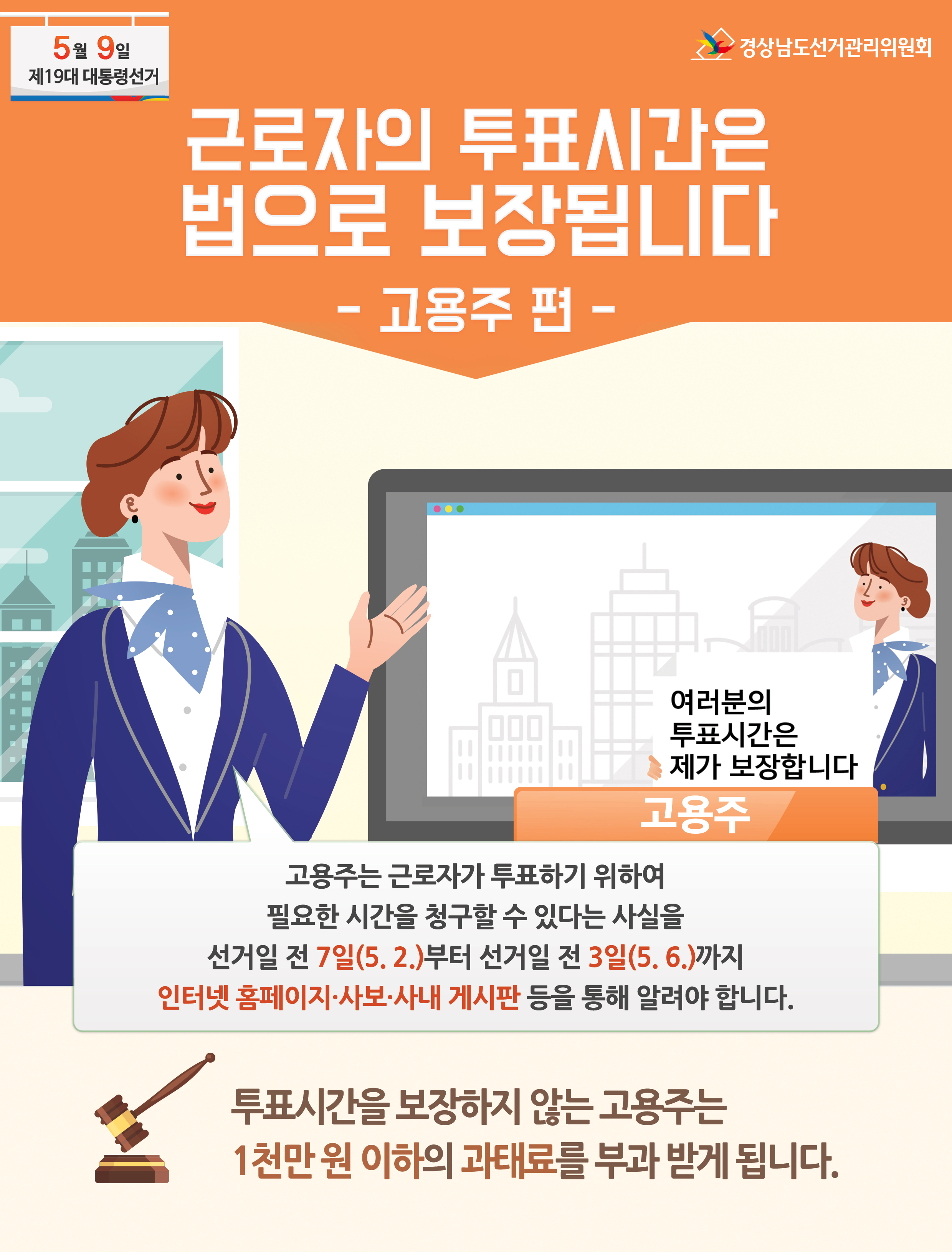 근로자의 투표시간은 법으로 보장된다는 내용입니다. 보장하지 않는 고용주는 1천만원 이하의 과태료를 부과 받게 됩니다.