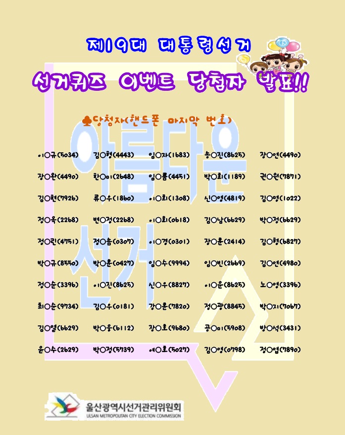 제19대 대통령선거기간 동안 홈페이지를 통해 선거퀴즈 이벤트 실시하고 퀴즈 2문제 모두 맞춘 사람 50명 추첨하여 커피선물 증정~ 이벤트 당첨자 발표합니다.