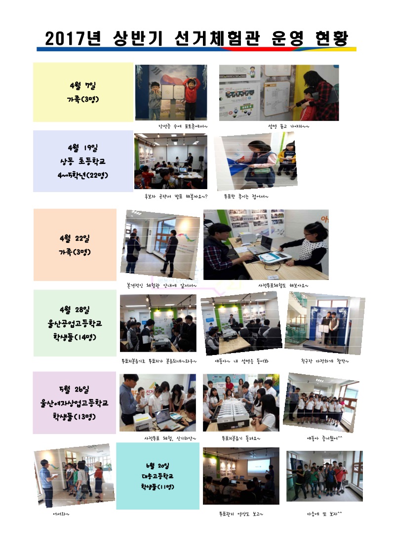 2017년 상반기 선거체험관 운영 현황과 관련된 사진들입니다. 참고하셔서 많은 신청 바랍니다.